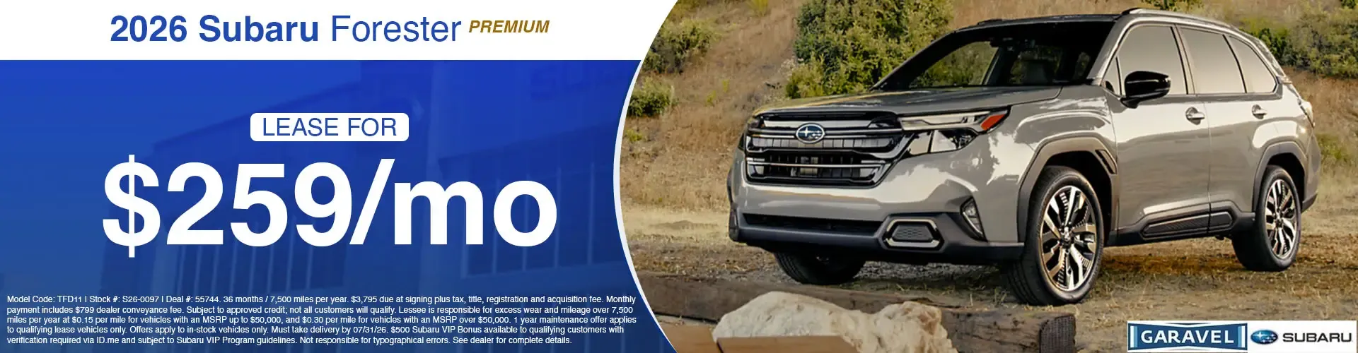 2026 Subaru Forester Premium lease for 245 dollars a month at Garavel Subaru dealership shop now